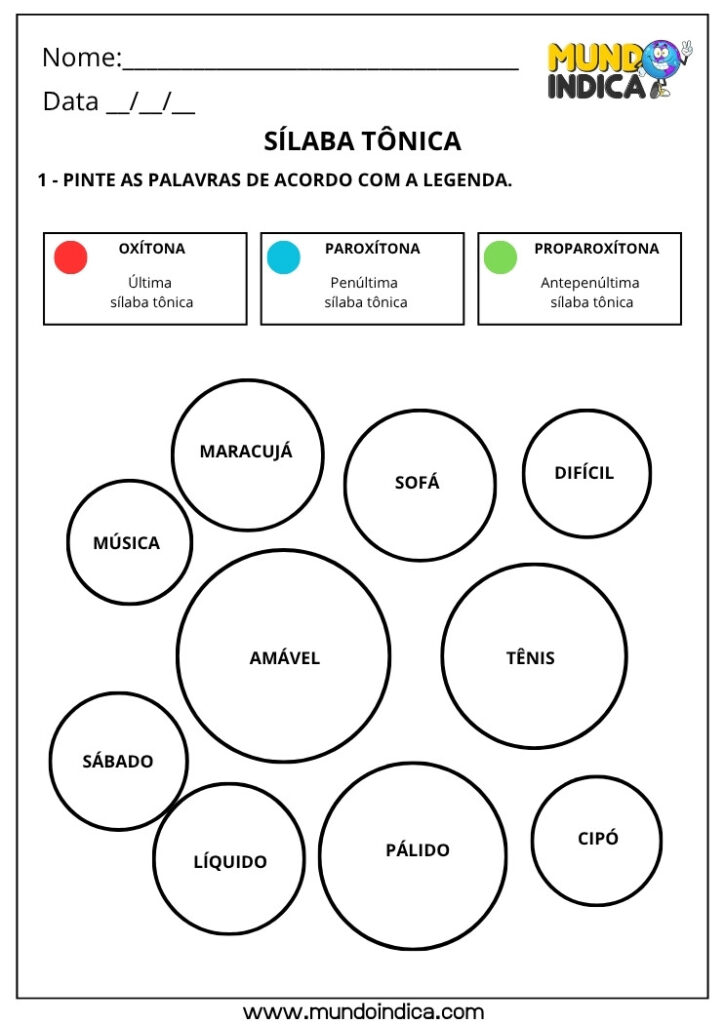 Atividades de Sílaba Tônica para o 3º ao 5º ano