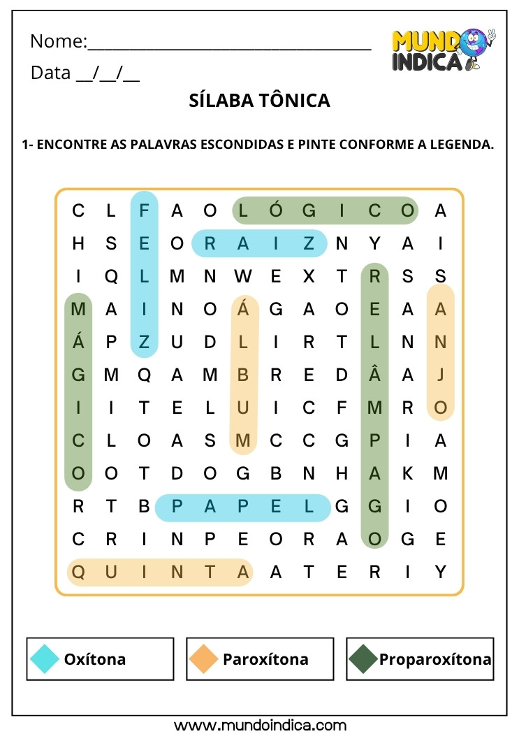 Atividade de Sílaba Tônica 4 com Gabarito