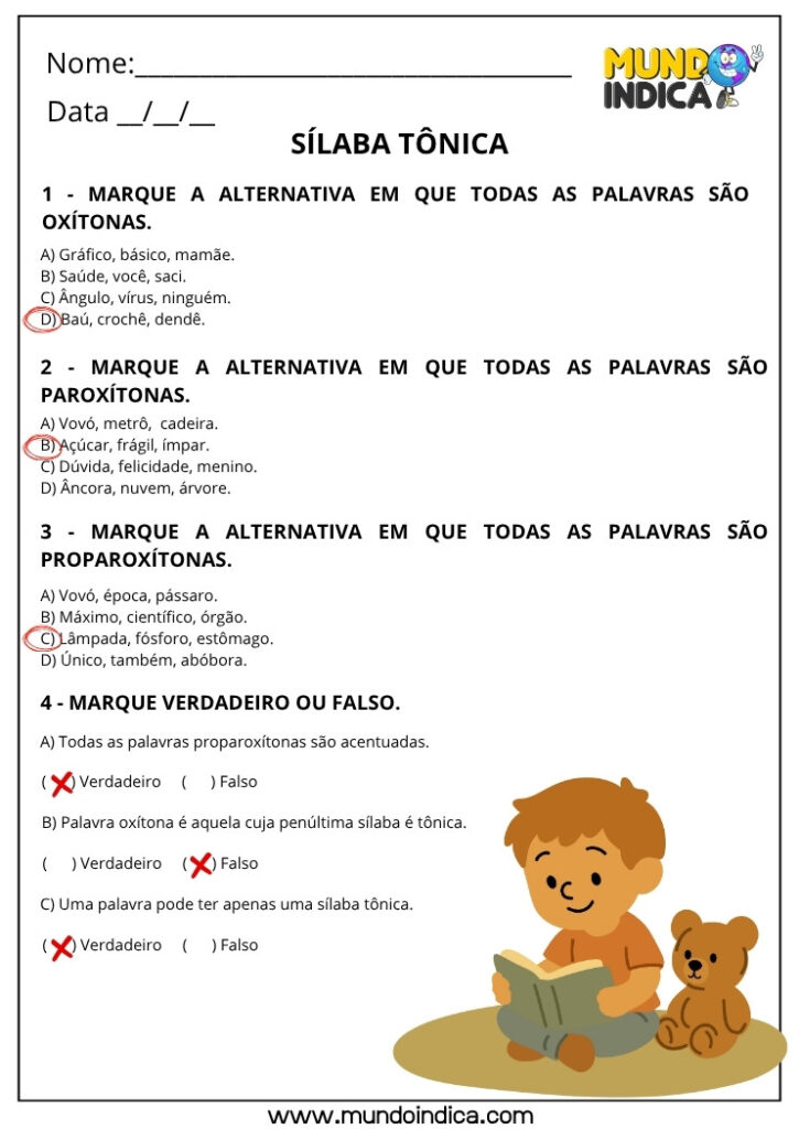 Atividades de Sílaba Tônica para o 3º ao 5º ano