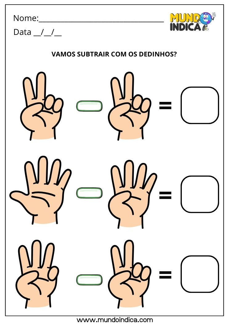 Atividade de Subtração com Dedinhos para 1º ano para Imprimir