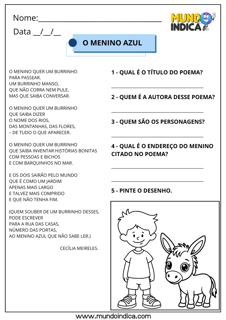 Atividade de interpretação de texto do poema O Menino Azul para imprimir