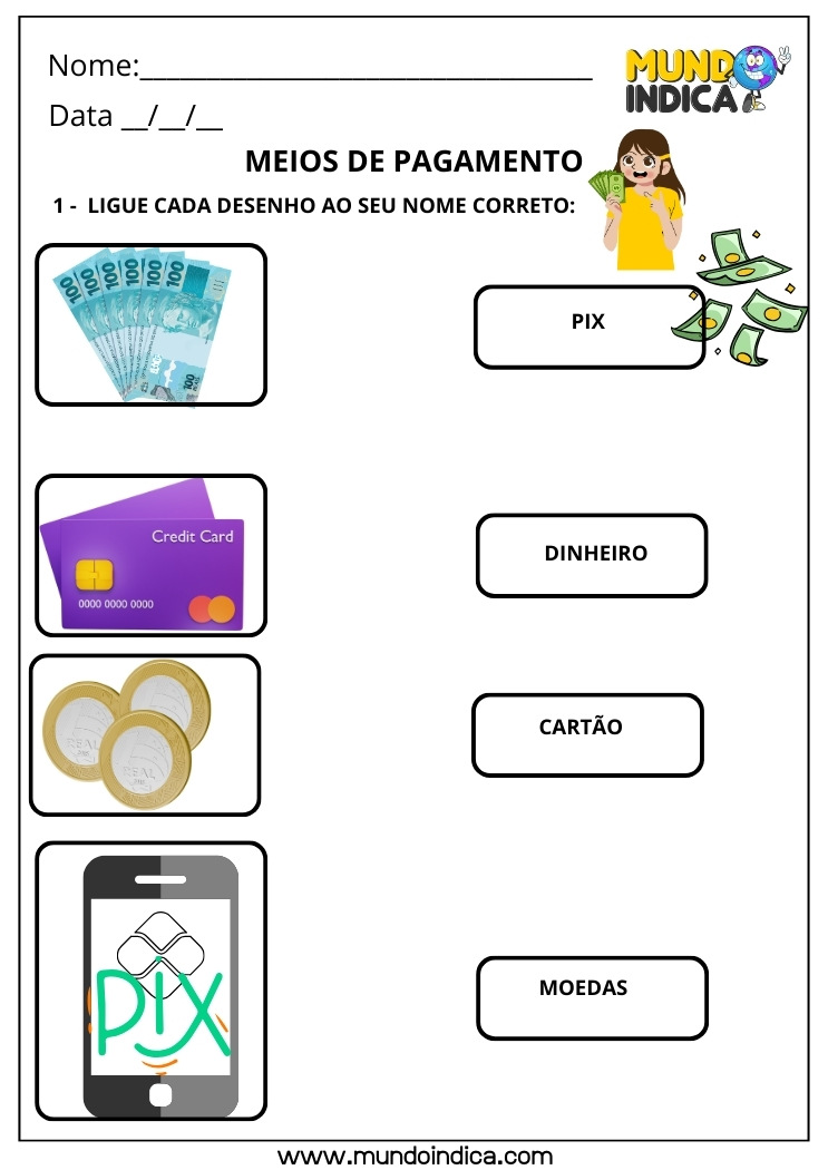 Atividade sobre Meios de Pagamento no Sistema Monetário Brasileiro para o 4º Ano Fundamental para Imprimir