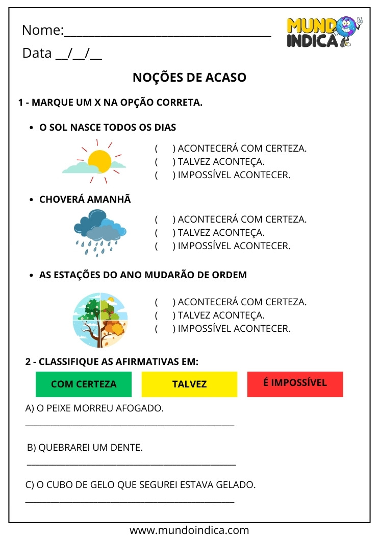 Atividade sobre Noções de Acaso para o 1º ano para Imprimir