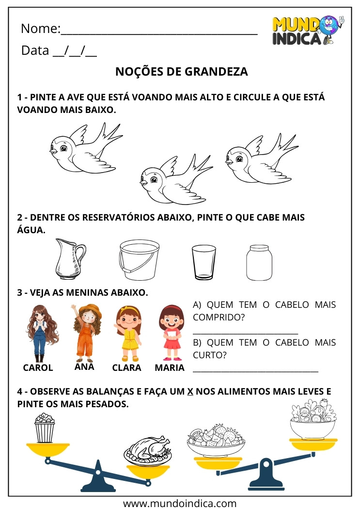 Atividade sobre Noções de Grandeza para o 1º ano Alto, Baixo, Comprido, Curto, Leve e Pesado