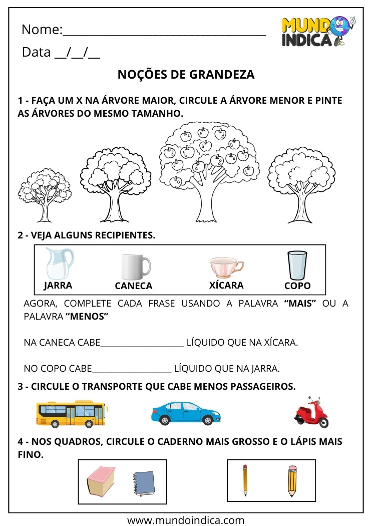 Atividade sobre Noções de Grandeza para o 1º ano Maior, Menor, Mais, Menos, Grosso e Fino