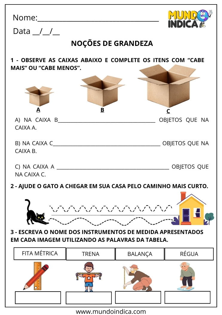 Atividade sobre Noções de Grandeza para o 1º ano Mais, Menos, Curto e Instrumentos de Medida