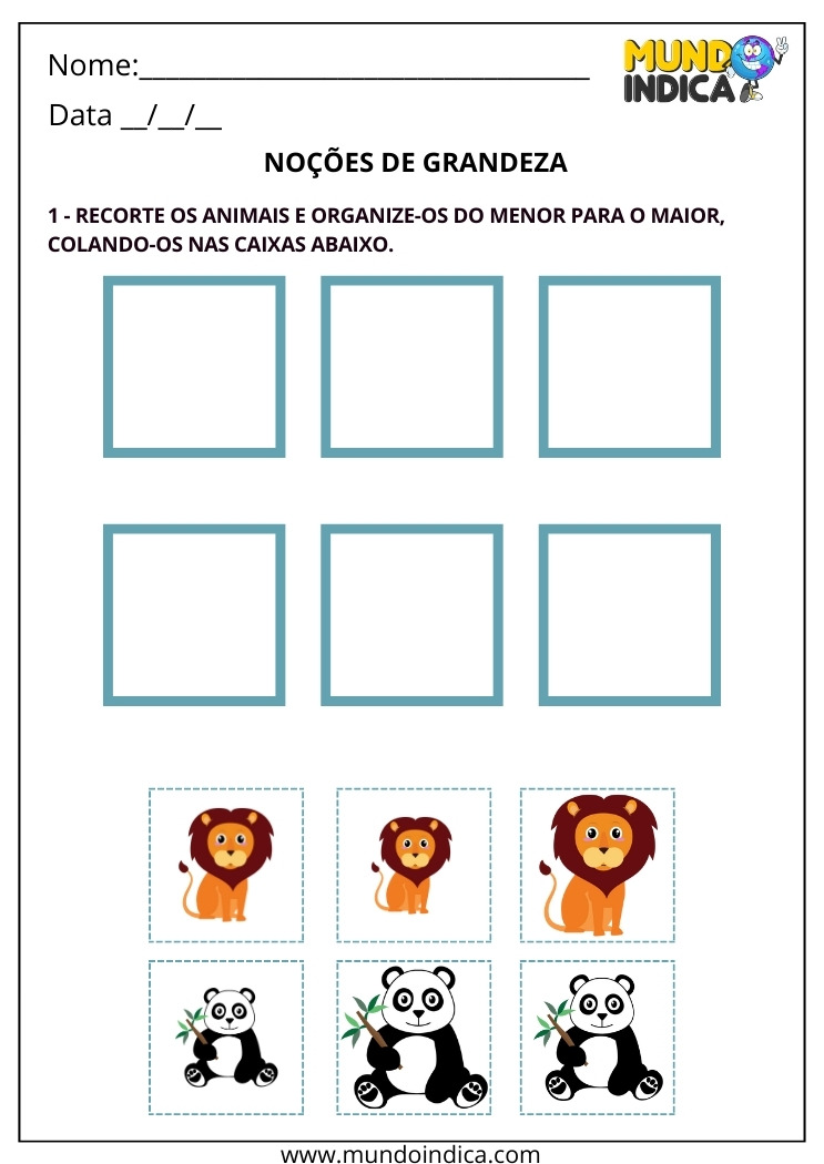 Atividade sobre Noções de Grandeza para o 1º ano com Recorte e Colagem dos Animais do Menor para o Maior para Imprimir