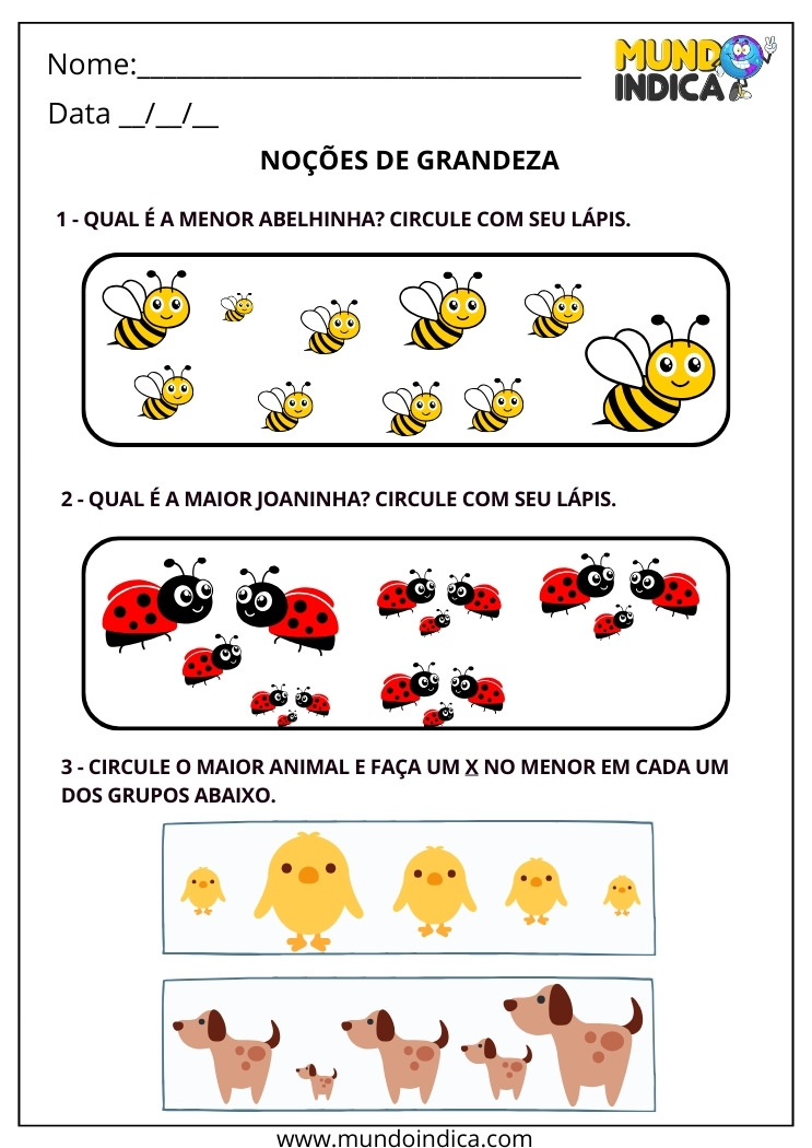 Atividade sobre Noções de Grandeza para o 1º ano para Imprimir com Menor e Maior
