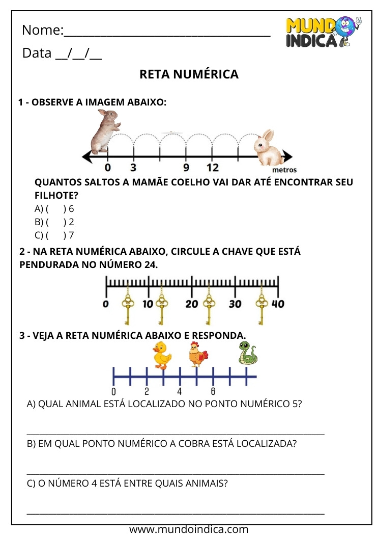 Atividade sobre Reta Numérica para o 1° ano Ensino Fundamental com Animais para Imprimir