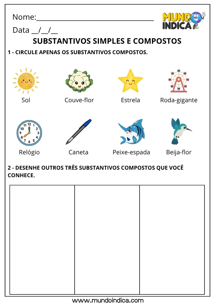 Atividade sobre Substantivos Compostos para Circular e Desenhar