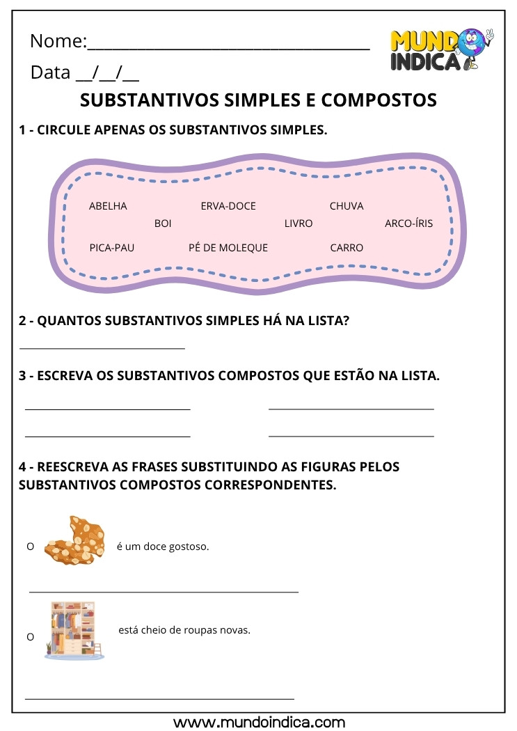 Atividade sobre Substantivos Simples e Compostos para Imprimir