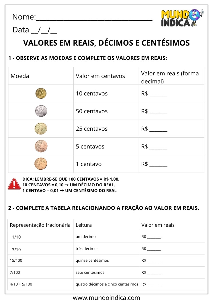 Atividade sobre o Sistema Monetário Brasileiro 4º Ano com Representação decimal EF04MA10