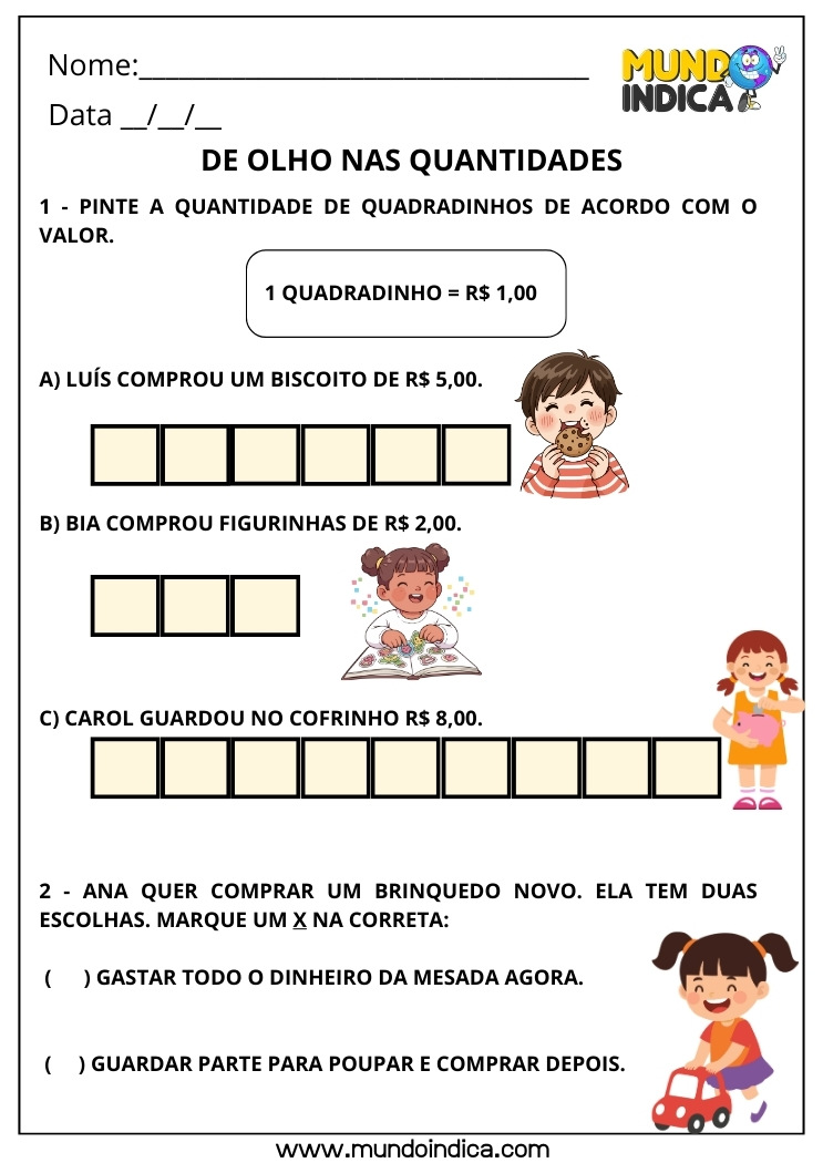 Atividade sobre o Sistema Monetário Brasileiro com Pintura das Quantidades em Reais para o 1º Ano Fundamental para Imprimir