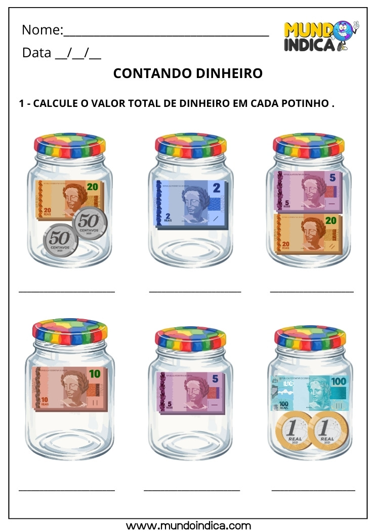 Atividade sobre o Sistema Monetário Brasileiro para o 1º Ano Fundamental com Contagem de Cédulas e Moedas para Imprimir