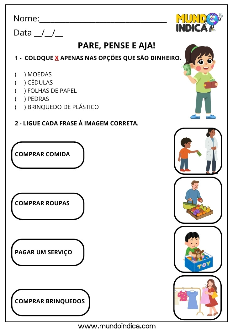 Atividade sobre o Sistema Monetário Brasileiro para o 1º Ano Fundamental com Situações do Cotidiano para Imprimir