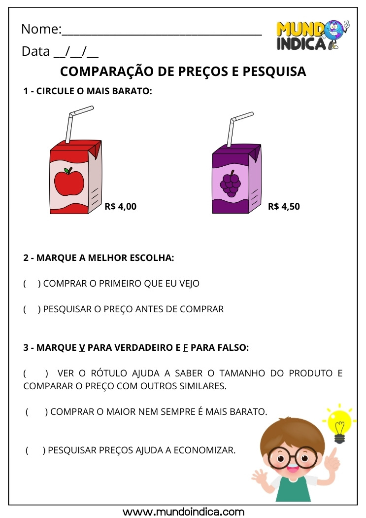 Atividade sobre o Sistema Monetário Brasileiro para o 3º Ano Fundamental com Comparação de Preço