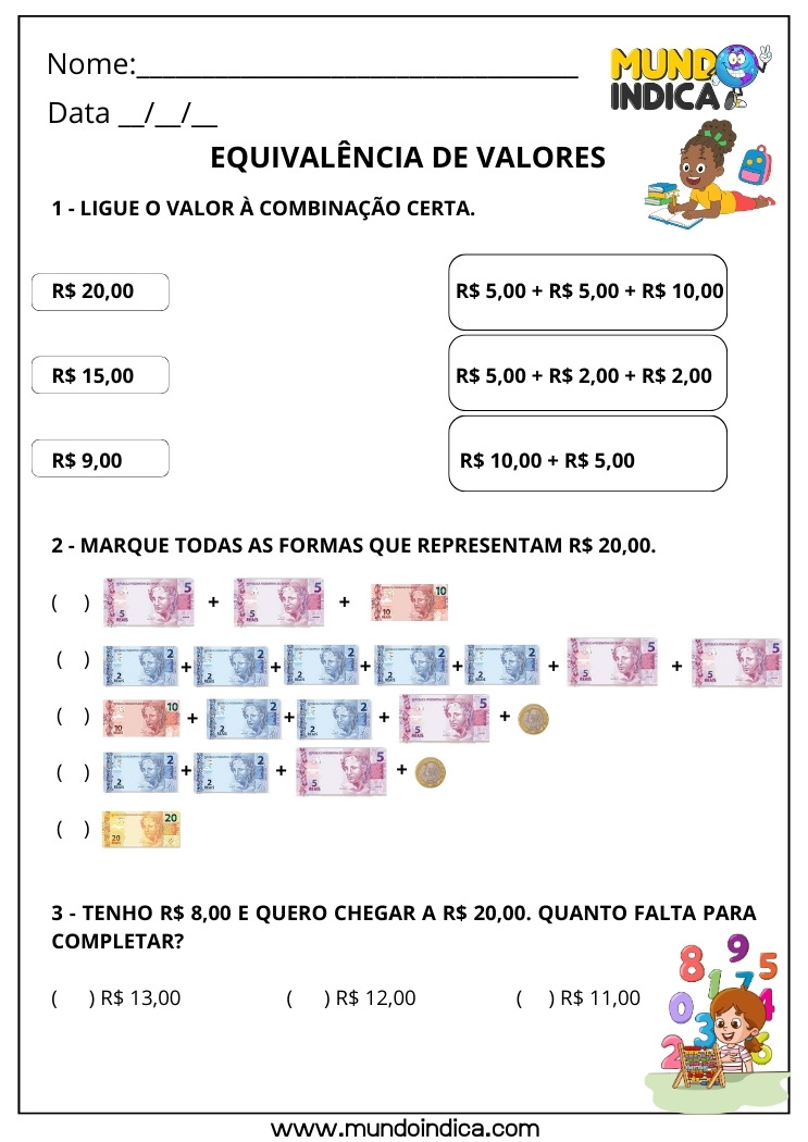 Atividade sobre o Sistema Monetário Brasileiro para o 3º Ano Fundamental sobre Equivalência dos Valores
