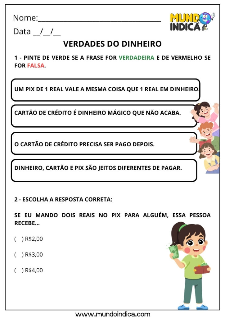 Atividades sobre o Sistema Monetário Brasileiro para o 3º Ano Fundamental