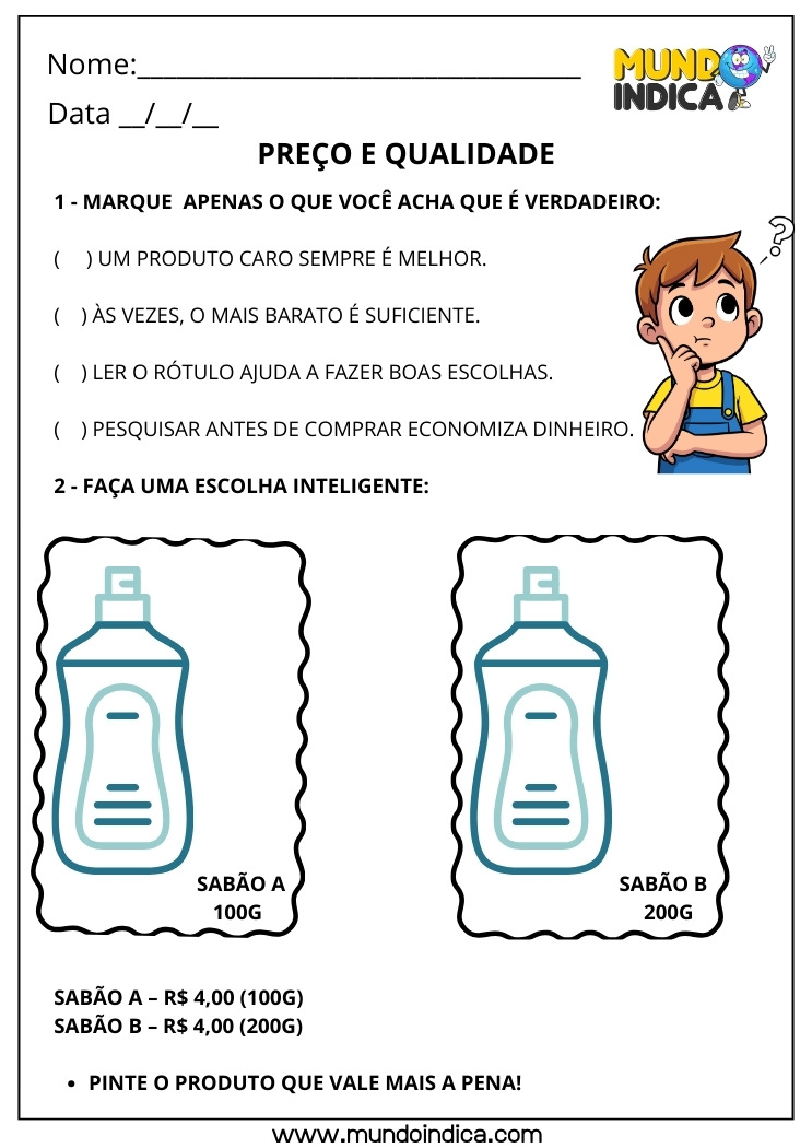 Atividade sobre o Sistema Monetário Brasileiro para o 3º Ano com Comparação de Produto para Imprimir