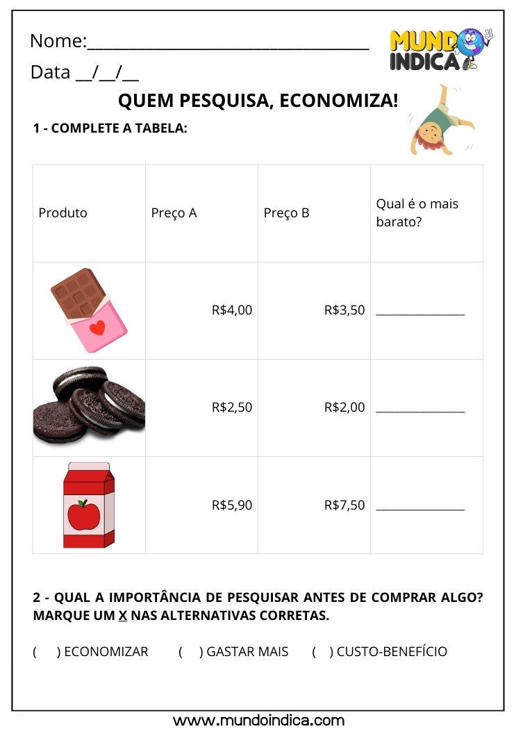 Atividade sobre o Sistema Monetário Brasileiro para o 3º Ano sobre Comparação de Valores e Pesquisa