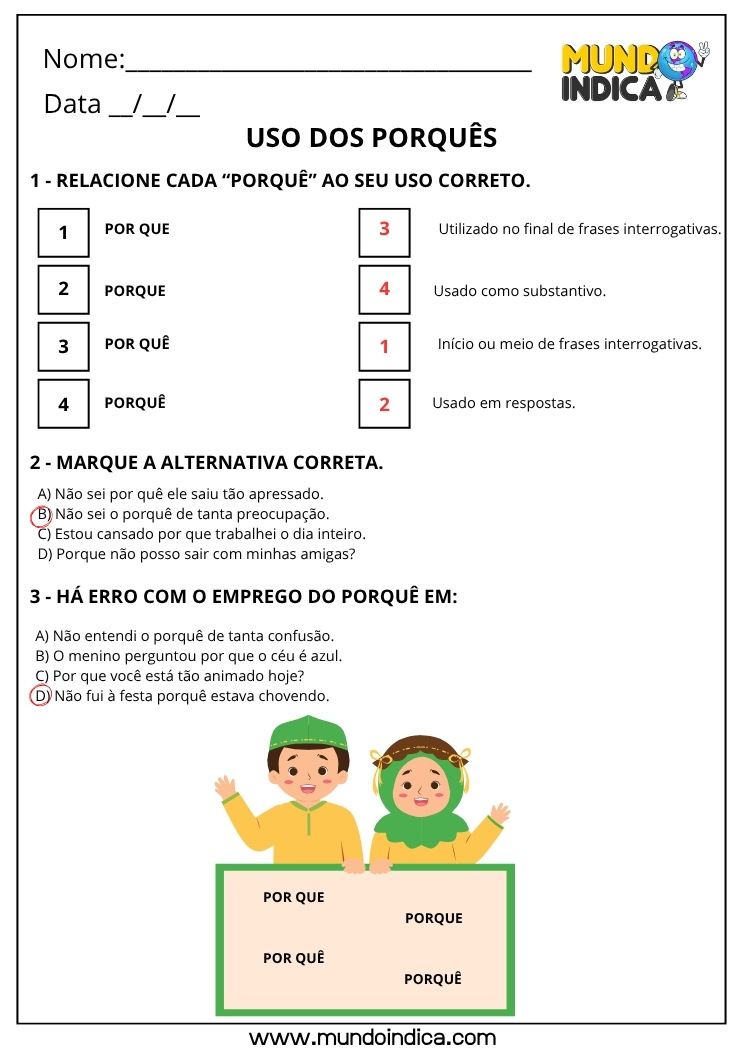 Atividade sobre o Uso dos Porquês 1 com Gabarito