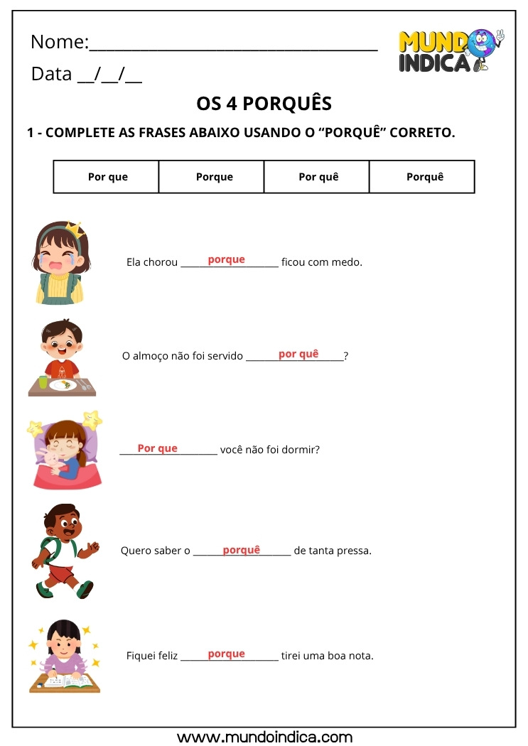 Atividade sobre o Uso dos Porquês 5 com Gabarito