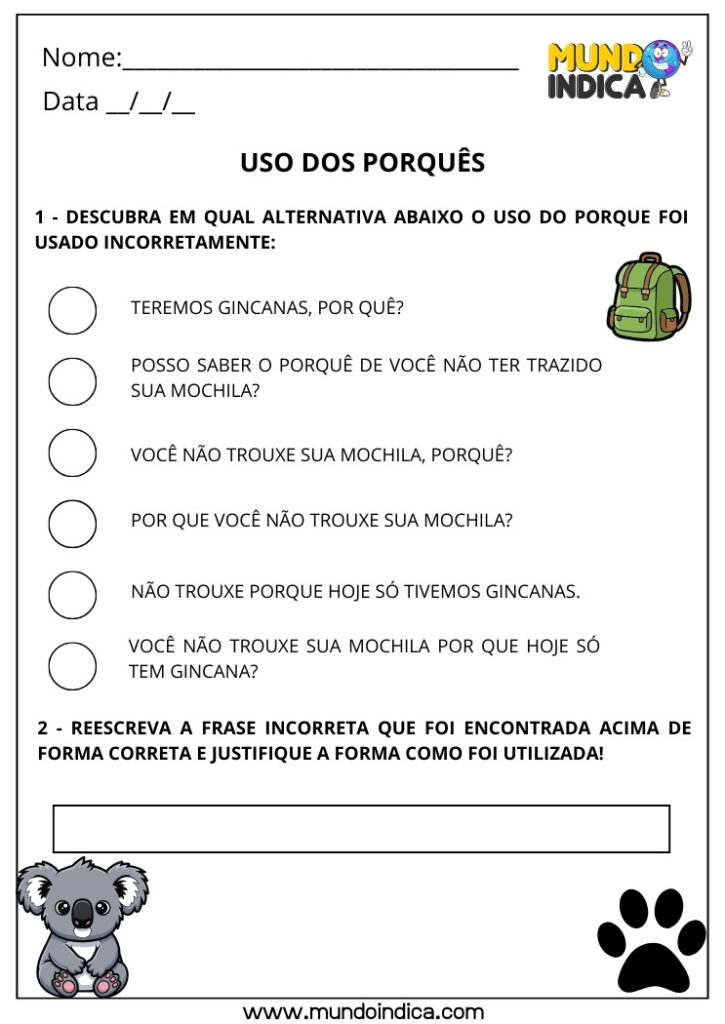 Atividades sobre o Uso dos Porquês para Imprimir e Com Gabarito