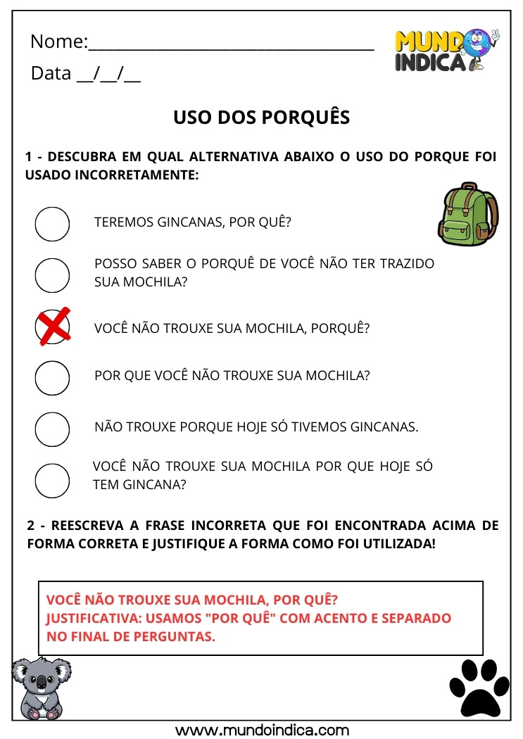 Atividade sobre o Uso dos Porquês 6 com Gabarito