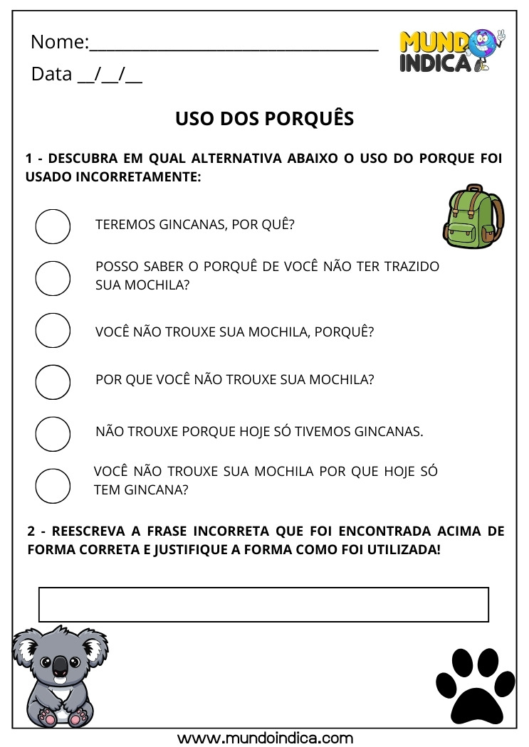 Atividade sobre o Uso dos Porquês 6
