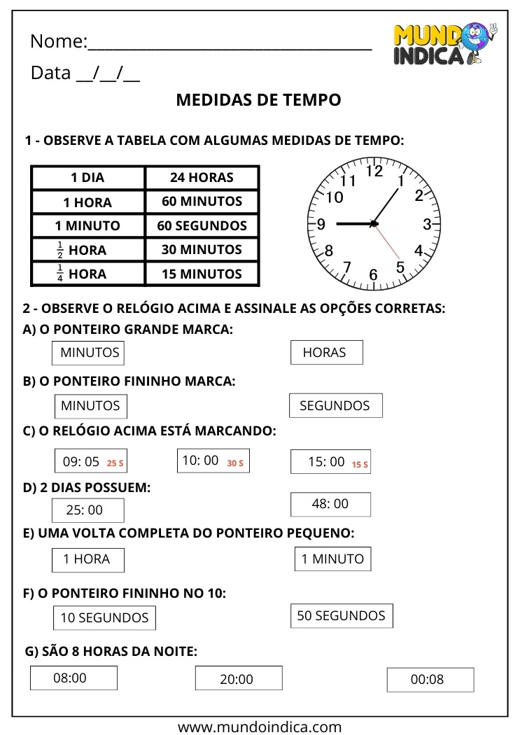 Atividades sobre Medidas de Tempo para 1º Ano Ensino Fundamental para Imprimir