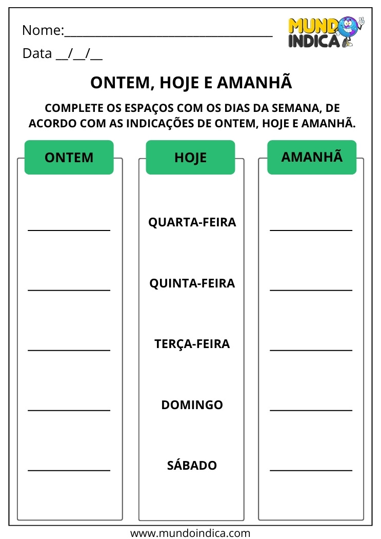 Atividades sobre Medidas de Tempo para 1 Ano Ontem, Hoje e Amanhã para Imprimir