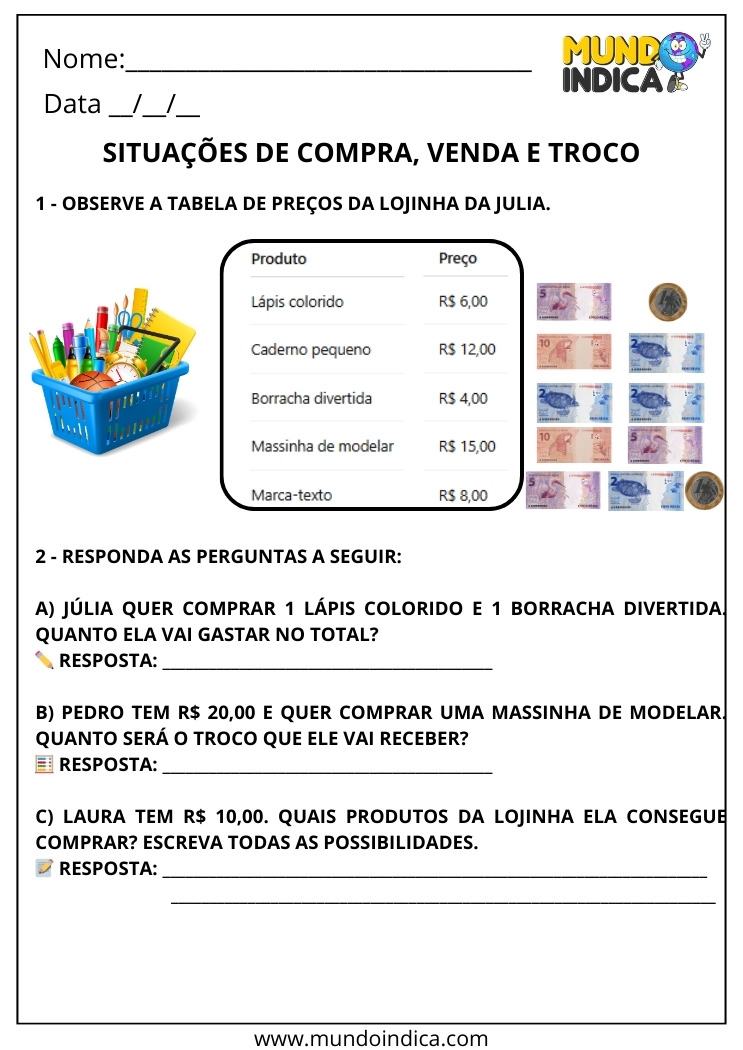 Atividades sobre o Sistema Monetário Brasileiro para o 3º Ano Fundamental Situações de Compra, Venda e Troco