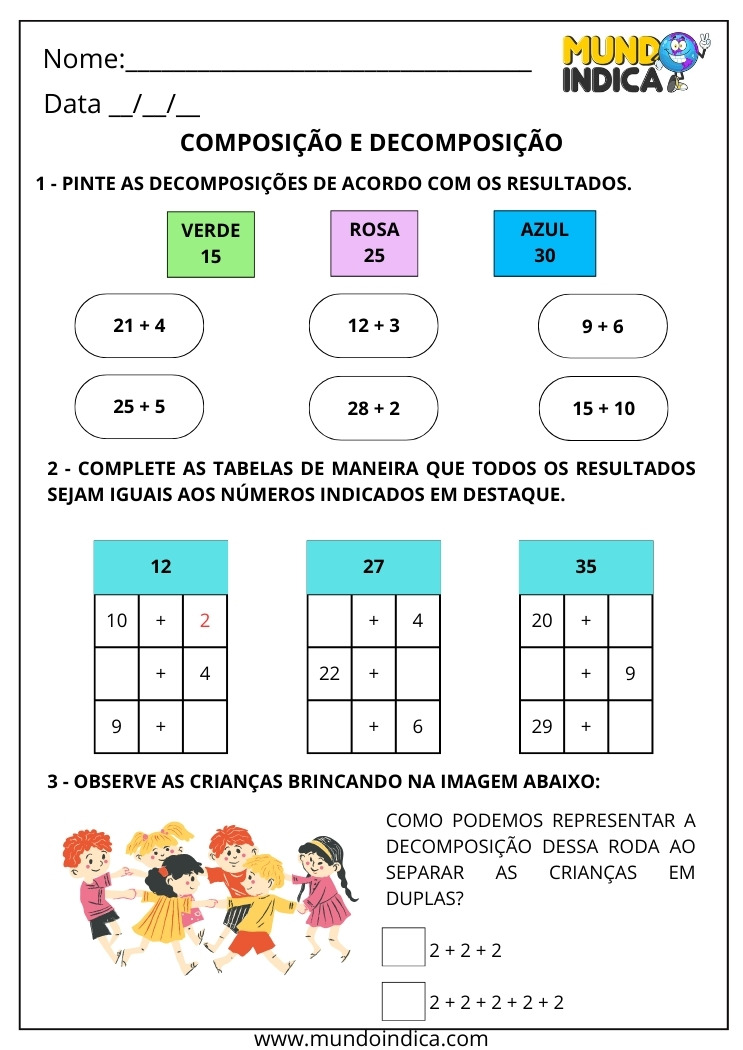 Folha de Atividade com Exercícios de Composição e Decomposição para o 1º ano para Imprimir