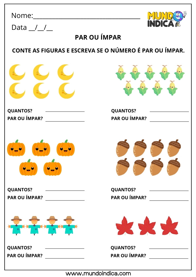 Folha de Atividade com Exercícios de Matemática 1º ano com Números Pares e Ímpares para Imprimir