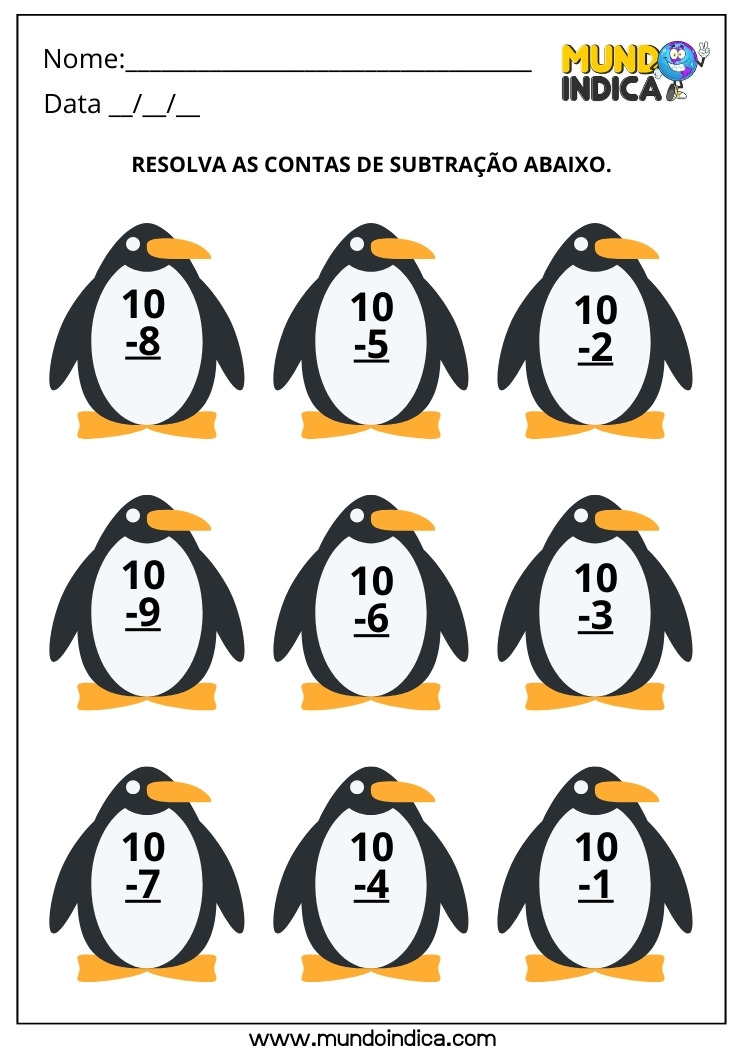 Folha de Atividade de Matemática 1º ano com Exercícios de Subtração