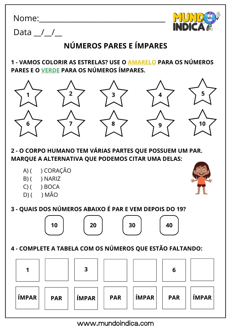 Folha de Atividade de Matemática 1º ano com Números Pares e Ímpares