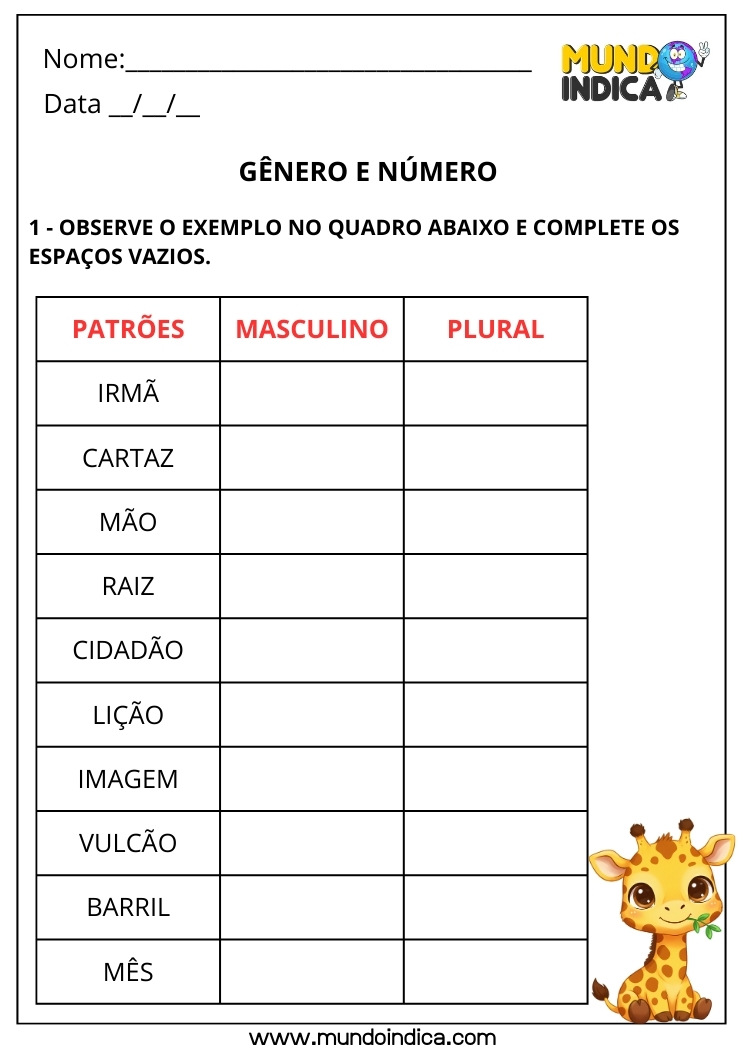 Folha de Atividade de Português para Escrever o Gênero e Número das Palavras
