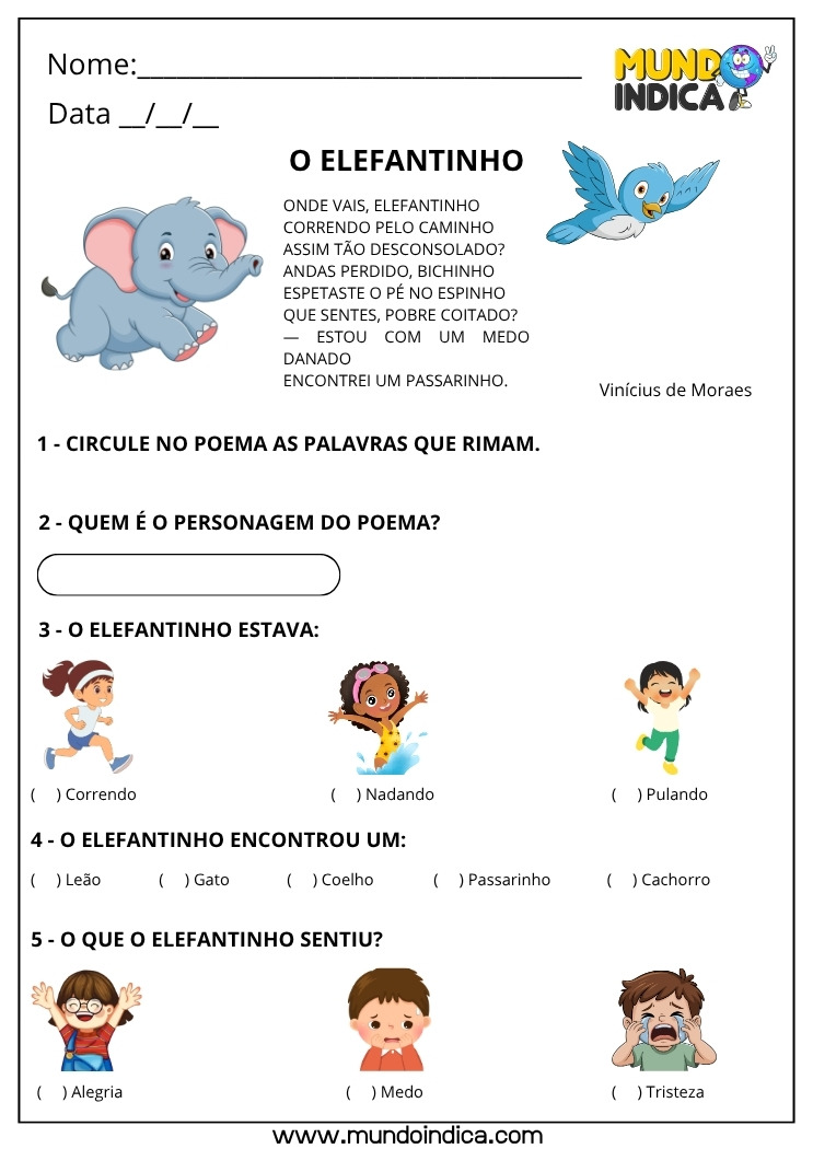 Folha de atividade com poema O Elefantinho para crianças, com atividades sobre sentimentos e rimas