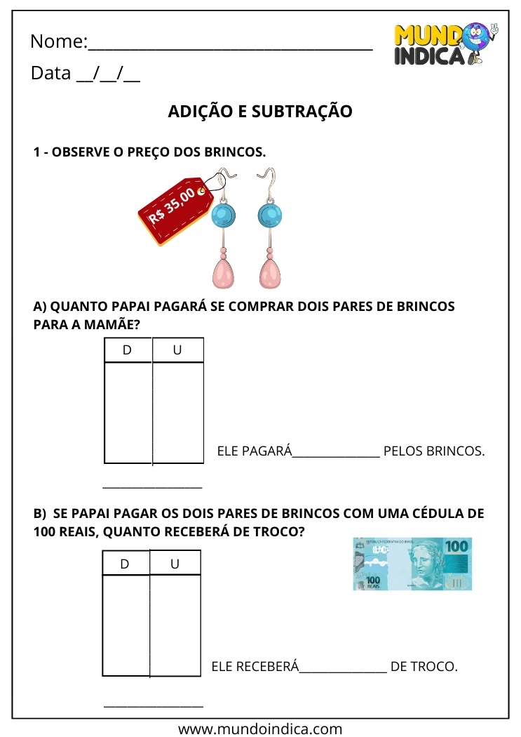 Atividade de Adição e Subtração para o 2º Ano com Situação de Venda e Troco