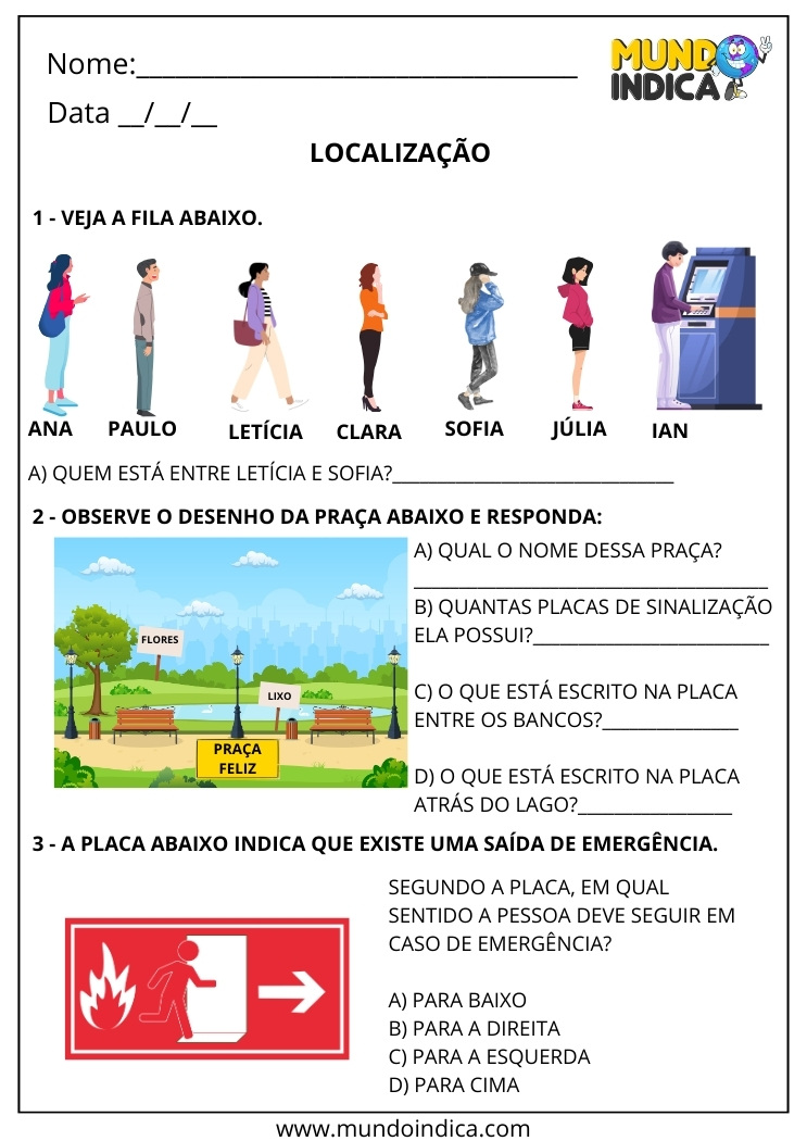 Atividade de Localização Espacial 2º ano com Fila, Pontos de Referência e Placa