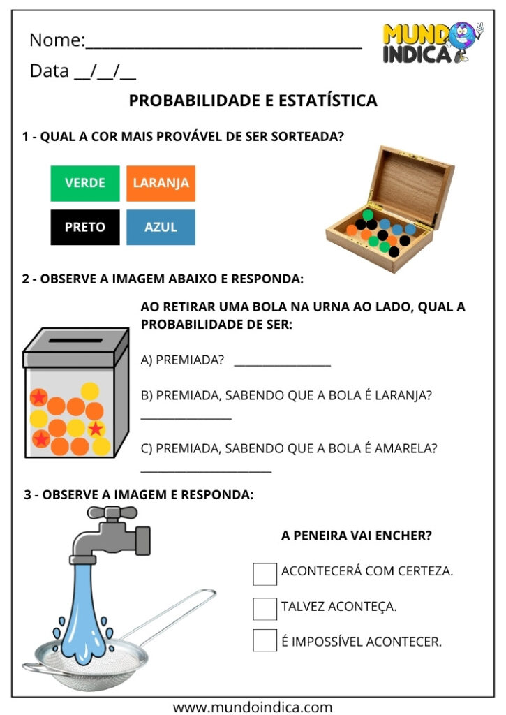 Atividades de Matemática 2º ano sobre Probabilidade e Estatística