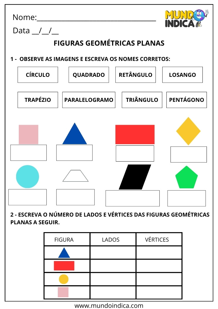 Atividade de Matemática 2º ano Identificação das Figuras Geométricas Planas e Características Lados e Vértices
