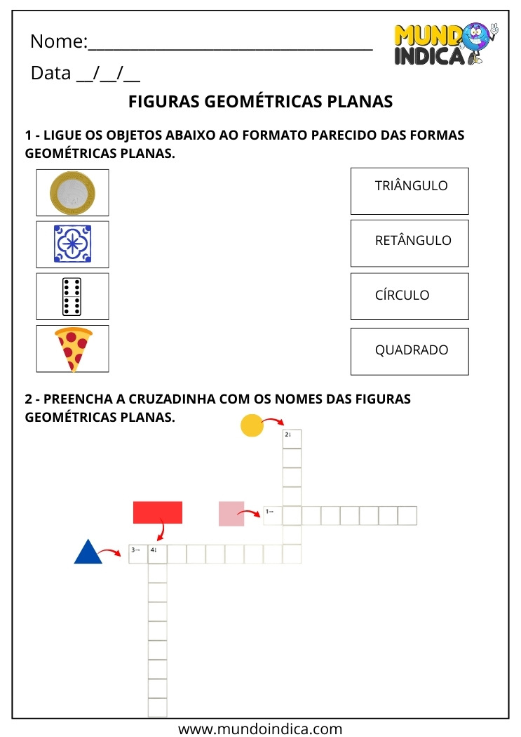 Atividade de Matemática 2º ano Ligue os Objetos às Figuras Geométricas Planas e Preencha a Cruzadinha