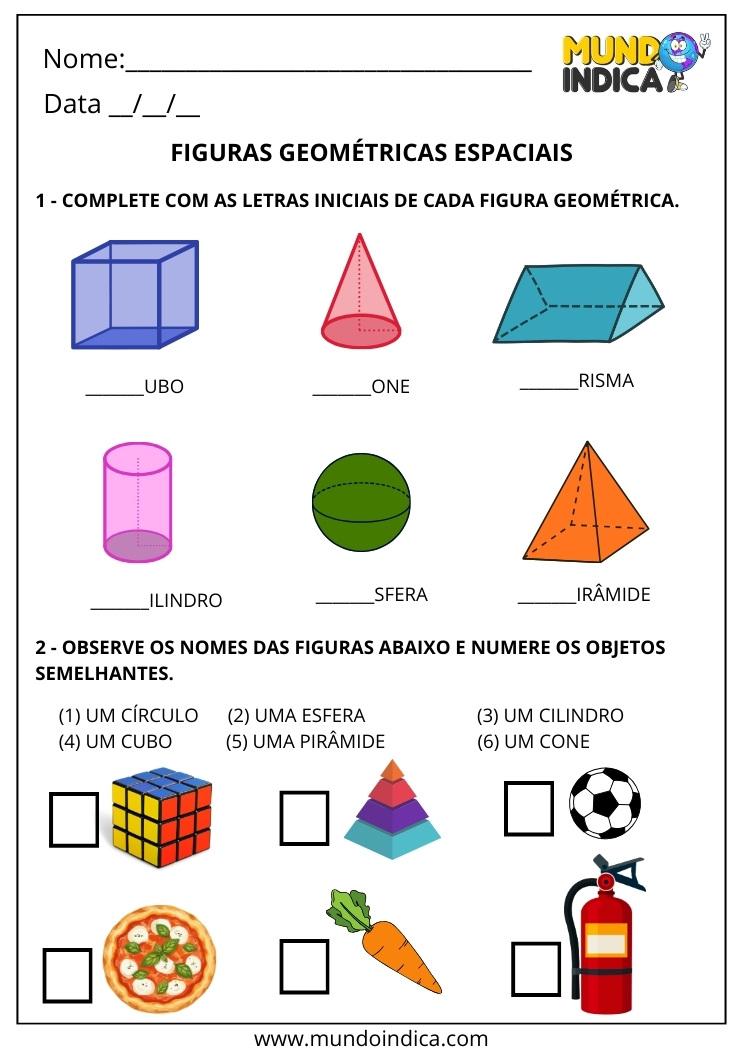 Atividade de Matemática 2º ano Nomeie as Figuras Geométricas Espaciais e Numere de Acordo com os Objetos Semelhantes do Cotidiano