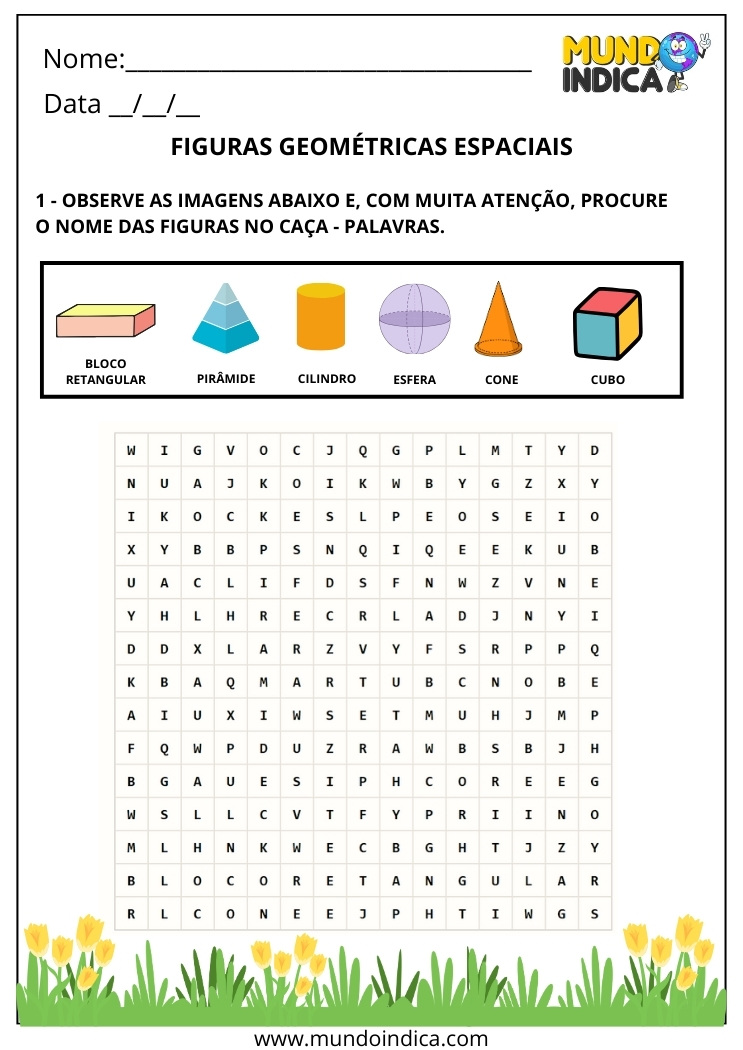 Atividade de Matemática 2º ano com Caça-palavras das Figuras Geométricas Espaciais para Imprimir