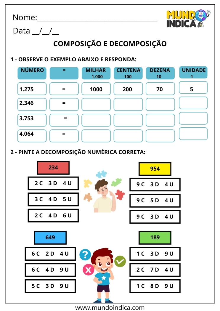 Atividade de Matemática 2º ano sobre Composição e Decomposição com Milhar, Centena, Dezena e Unidade