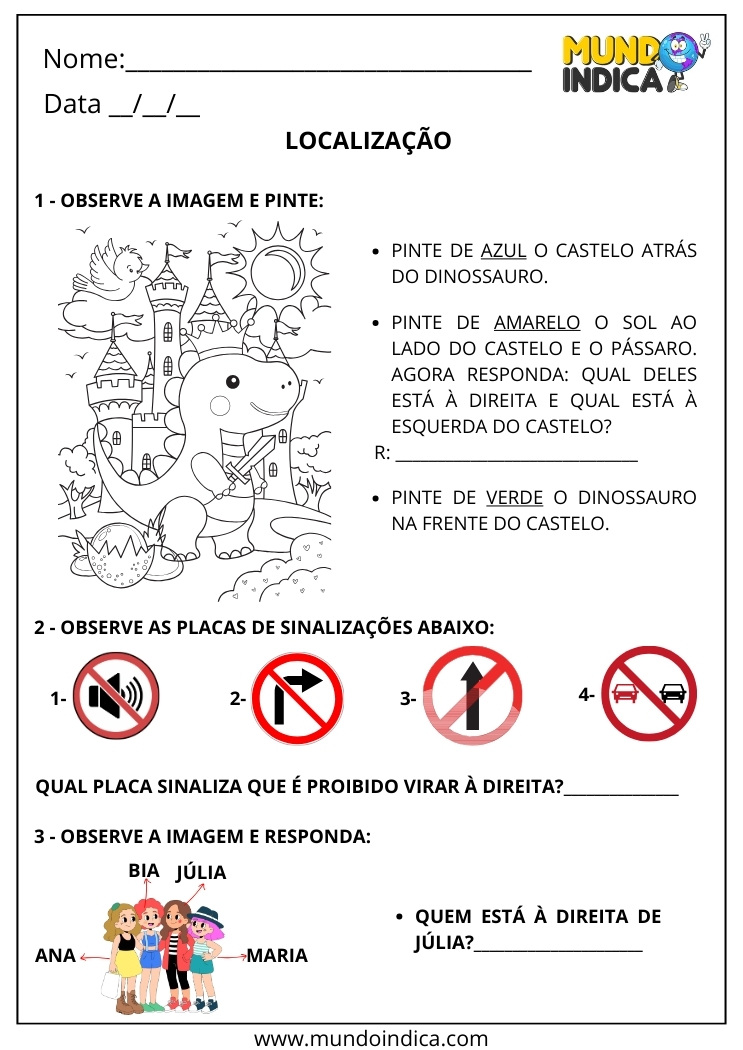 Atividade de Matemática 2º ano sobre Direção e Localização no Espaço