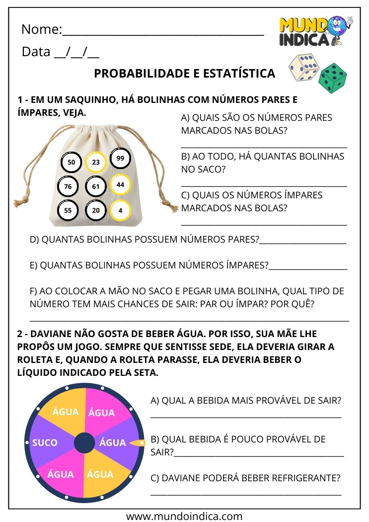 Atividade de Probabilidade 2º Ano com Números Pares e Ímpares e Eventos Prováveis e Improváveis