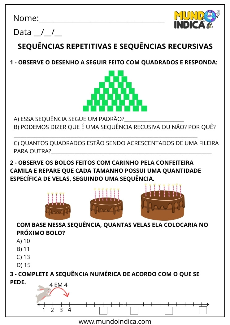 Atividade de identificação de padrões em sequências repetitivas e recursivas para o 2º ano do ensino fundamental