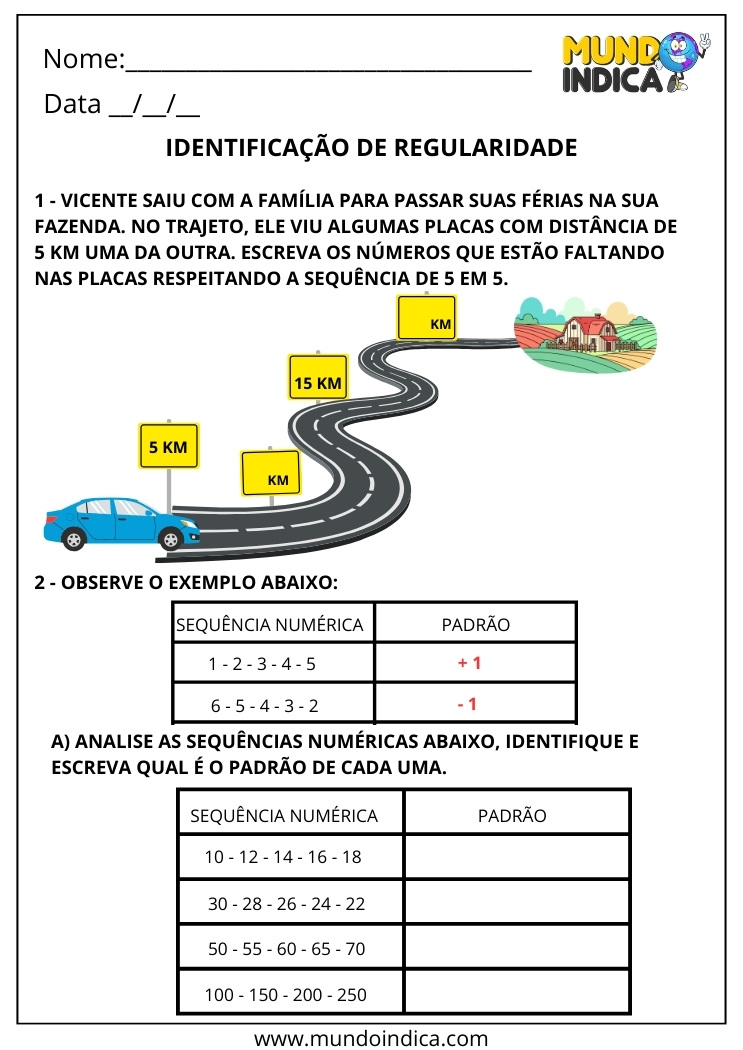 Atividade de matemática 2º ano sobre identificação de regularidade em sequência numérica crescente e decrescente
